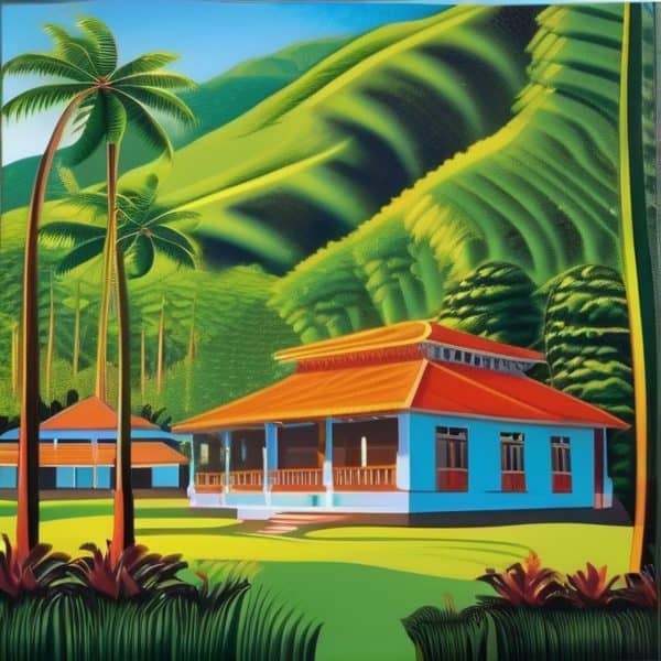 Colorful Fiji village with traditional houses and lush greenery.