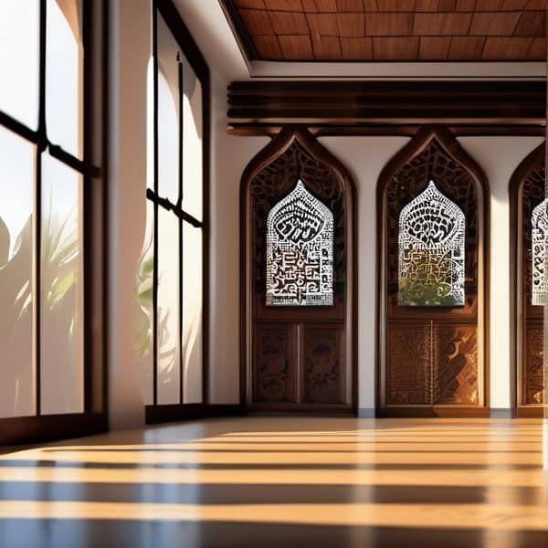Interior mosque with ornate Islamic calligraphy and wooden accents, sunlight streaming through large.