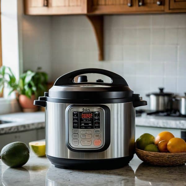 Instant Pot electric pressure cooker on kitchen counter with fruits.