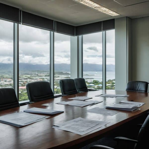 Conference room with cityscape view and meeting materials for business discussions.