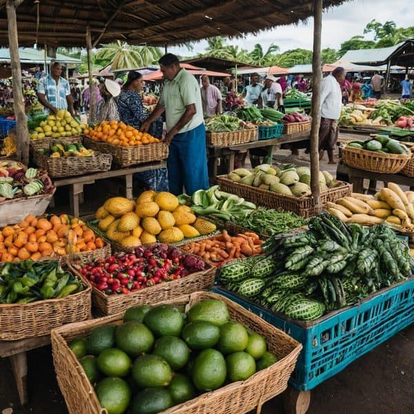 Vibrant Fiji market with fresh tropical fruits and vegetables for sale.
