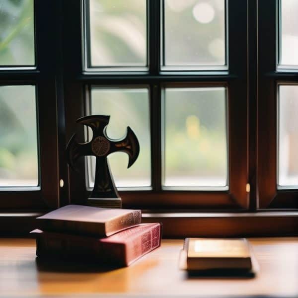 Religious cross and books on a windowsill with natural light.