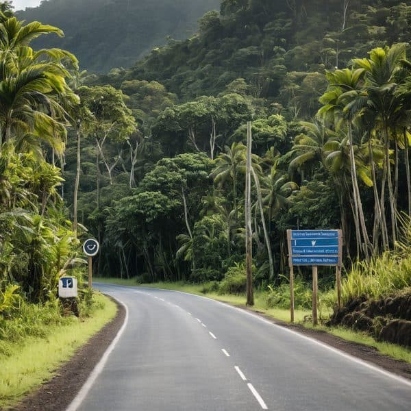 Scenic road winding through dense tropical rainforest in Fiji.