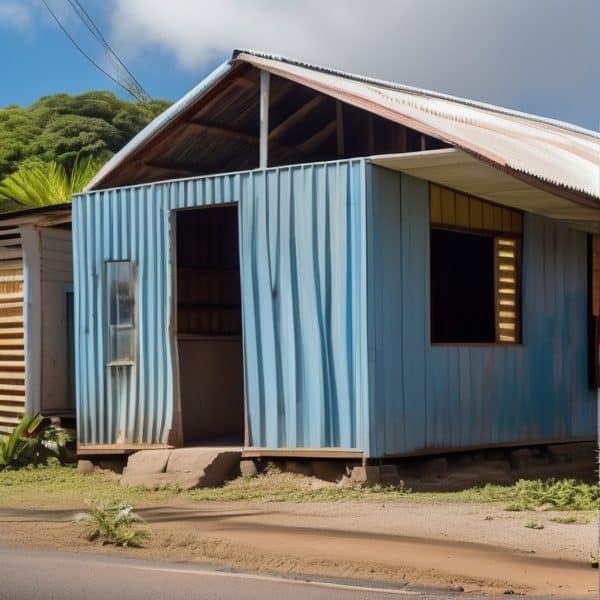 Small blue house with corrugated metal roof in a rural area.