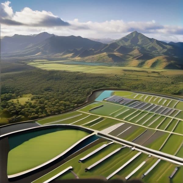 Fiji water treatment facility with mountains in the background, showcasing sustainable water managem.