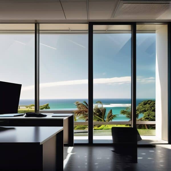 Modern office interior with a scenic ocean view through glass windows.