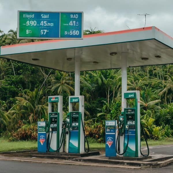 Fuel station in Fiji with fuel pumps and price board, tropical background.