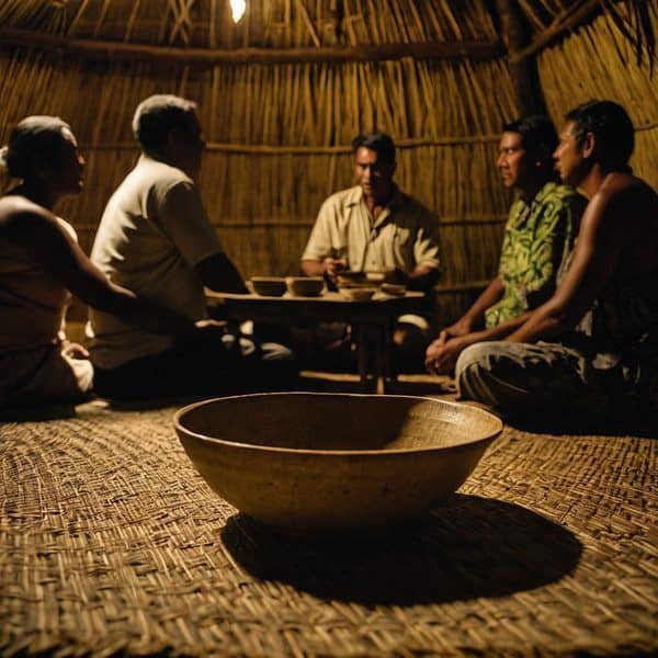 Fijian villagers gathering inside a traditional thatched hut.