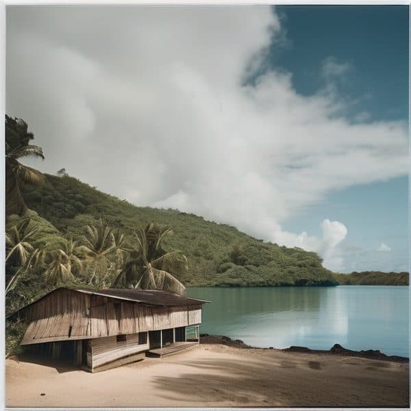 Scenic tropical beach with wooden hut, calm water, and green hills in the background.