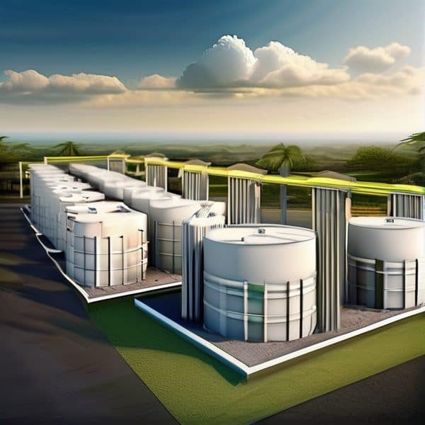 Large industrial water storage tanks in a green landscape setting.