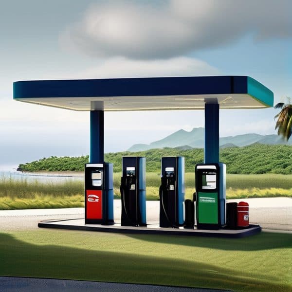 Refueling station with multiple fuel pumps in a scenic outdoor setting, surrounded by lush greenery.