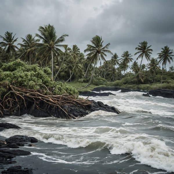 Beach with palm trees and ocean waves during cloudy weather in Fiji.