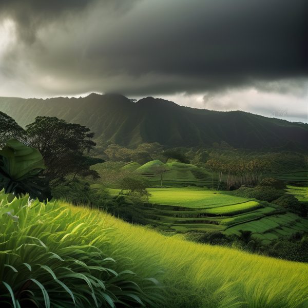 Fiji lush green terraced fields with storm clouds overhead, showcasing vibrant agriculture and sceni.