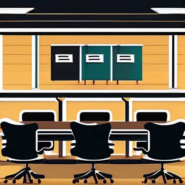 Modern office meeting room with black chairs and storage cabinets.