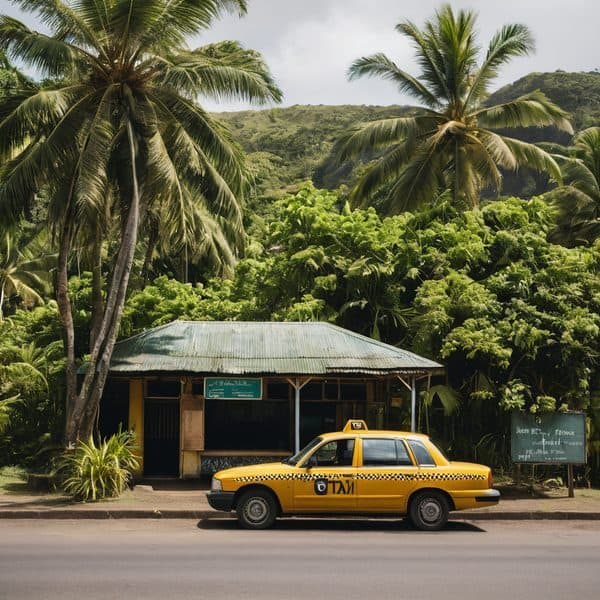 Fiji taxi service amidst tropical landscape with palm trees and lush greenery.