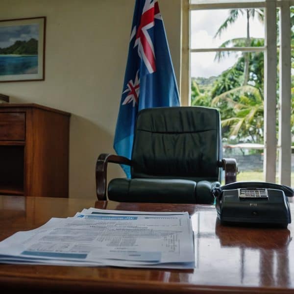 Official Fiji government office with flag, documents, and a view of lush greenery outside.