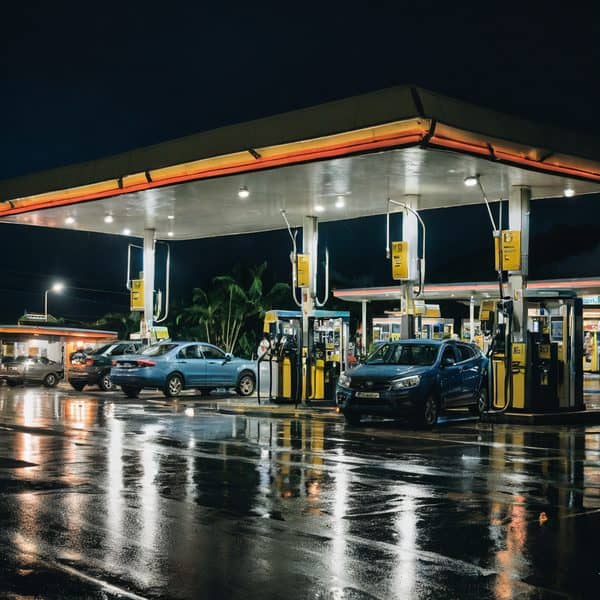 Gas station with multiple cars refueling during nighttime.
