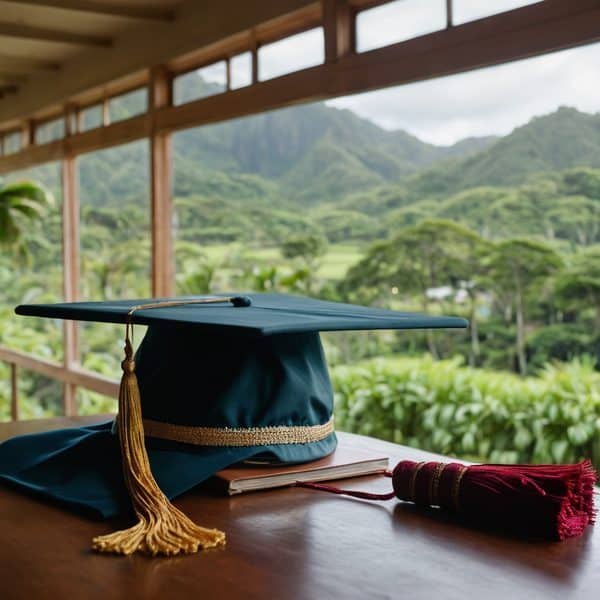 Graduation cap and diploma on table with scenic mountain view.