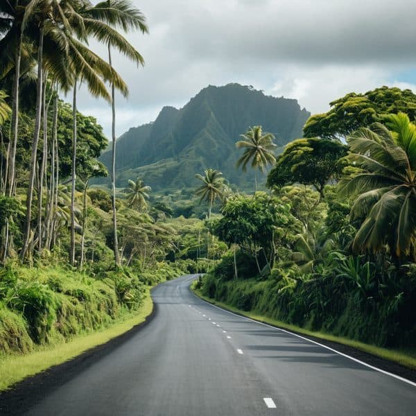 Scenic tropical road in Fiji surrounded by lush greenery and mountains.
