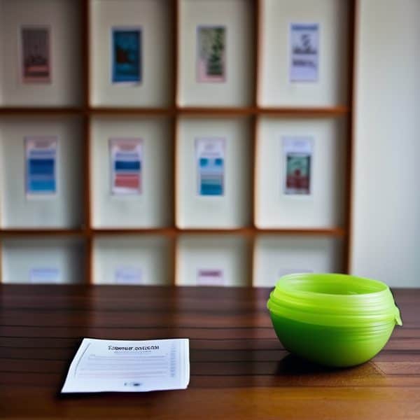 Brochure on a wooden table with a green bowl and colorful posters in the background.