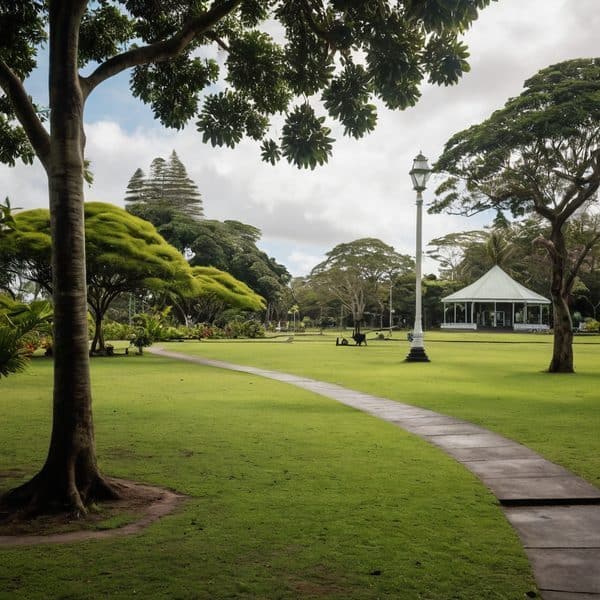 Park with lush greenery and walking path in Fiji.