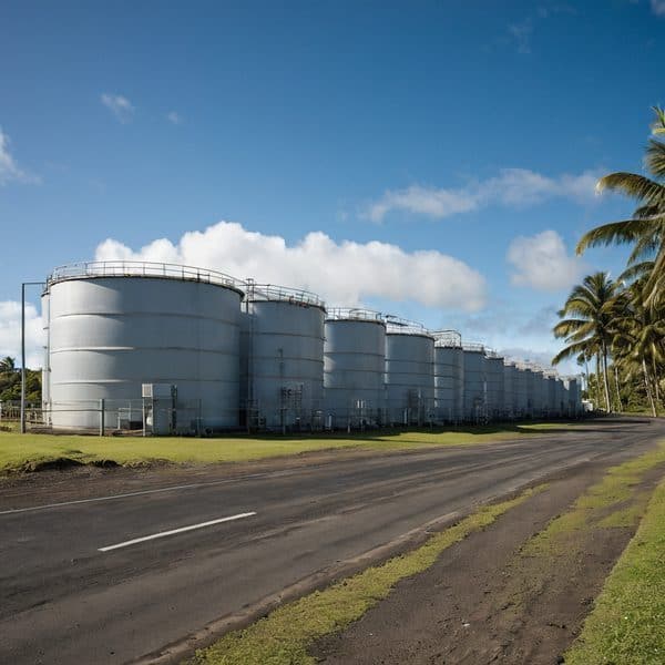 Large fuel storage tanks at Fiji oil depot with palm trees and blue sky.