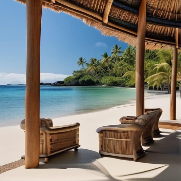 Beach lounge chairs under a thatched roof overlooking turquoise waters.