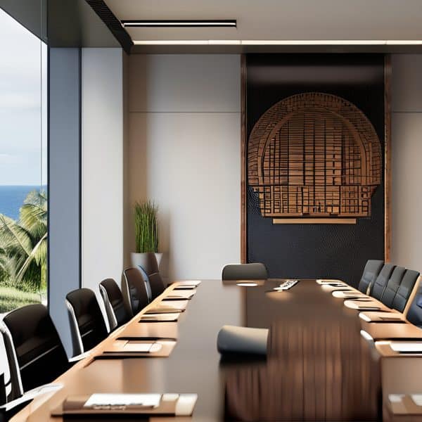 Modern conference room with large table and scenic view in Fiji.