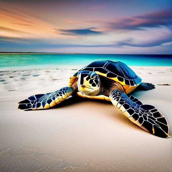 Beautiful sea turtle resting on Fiji beach during sunset, showcasing marine life and tropical scener.