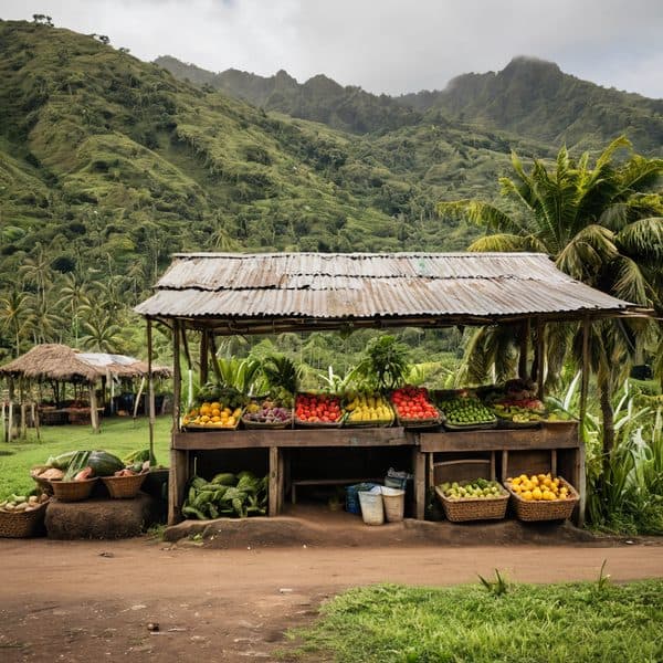 Fiji village market stall selling fresh fruits and vegetables against lush green mountains.