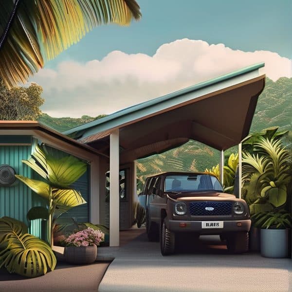 Modern Fiji home with car parked in lush garden setting.