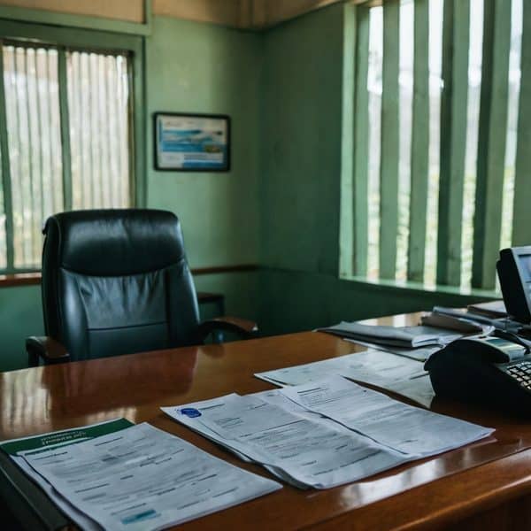 Office workspace with documents and a computer on a wooden desk.