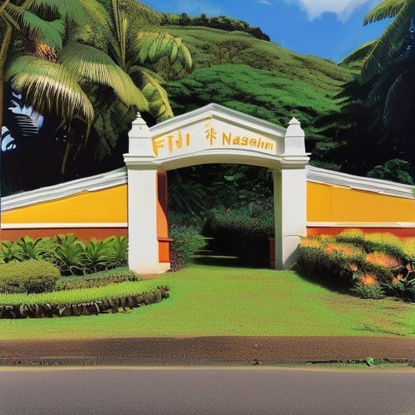 Entrance gate to Fiji Naselam with lush greenery and tropical plants.