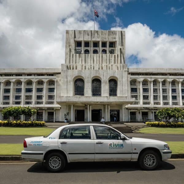 Official vehicle parked in front of Fiji Government building.