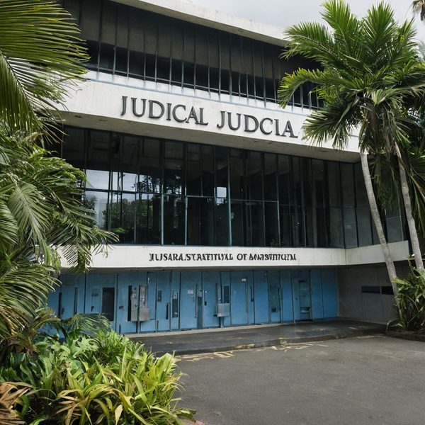 Fiji Judicial Building surrounded by tropical plants and palm trees.