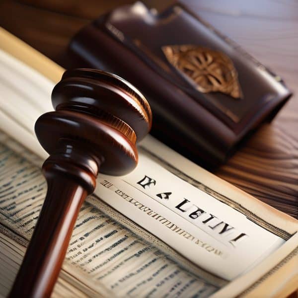 Gavel resting on legal documents and law book for legal proceedings.