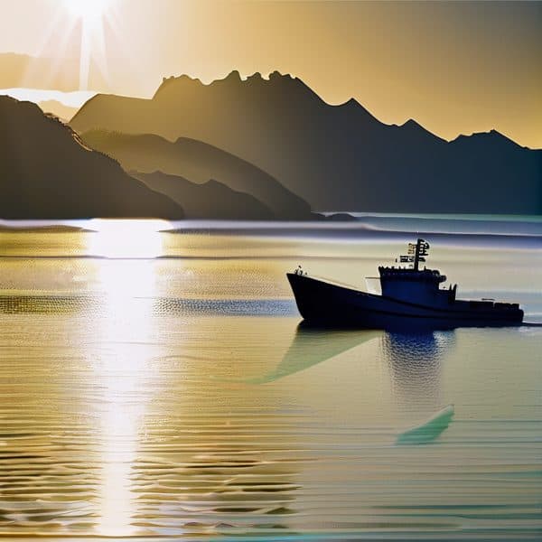 Boat sailing on tranquil water during sunset in Fiji.