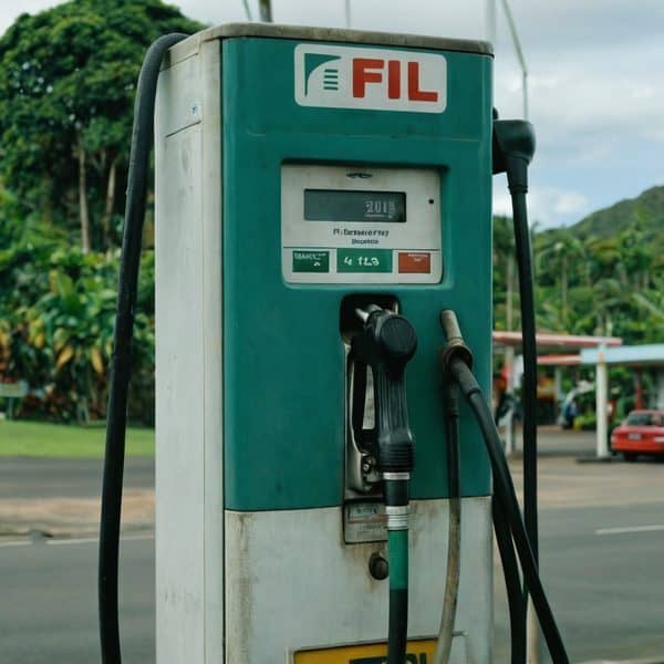 Fuel pump at a Fiji gas station with tropical background.