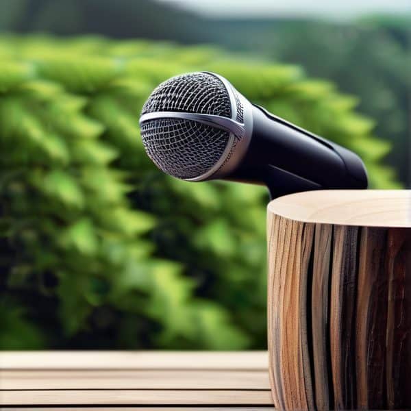 Microphone on wooden stand for public speaking or recording.