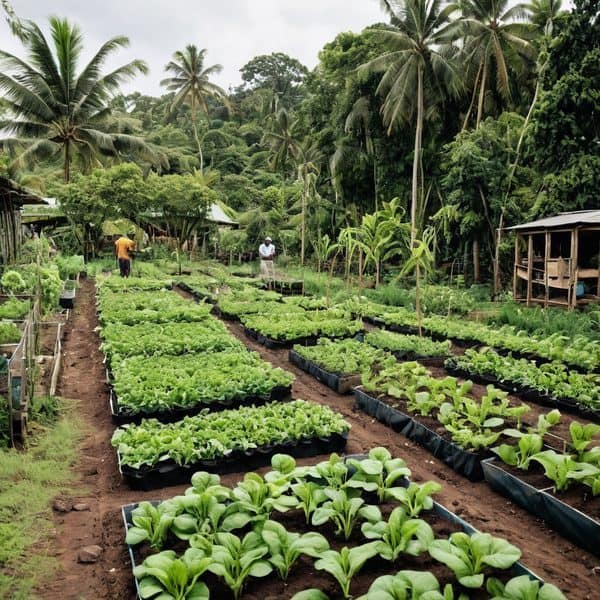 Vibrant green lettuce and leafy greens growing in organized rows on a farm.