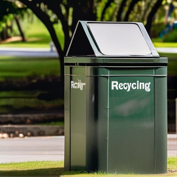 Recycling bin for waste separation in a park setting.
