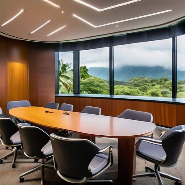 Conference room with large windows overlooking lush green mountains in Fiji.