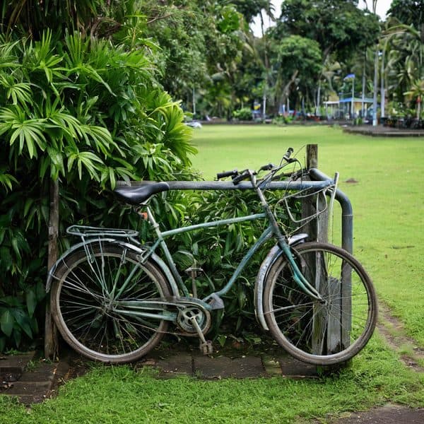 Old bicycle resting against a park fence in Fiji.