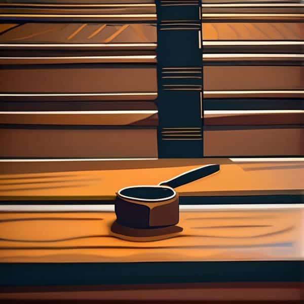 Coffee scoop on wooden table with shelves in background.