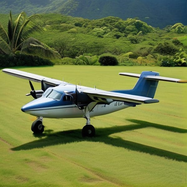 Aircraft on lush green field in tropical setting.