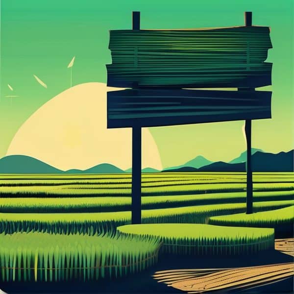 Beautiful rice field landscape at sunset with mountains in the background.