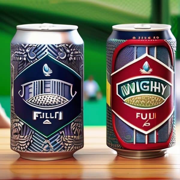 Fiji beverage cans with traditional designs, showcasing Fiji's vibrant culture and modern branding.