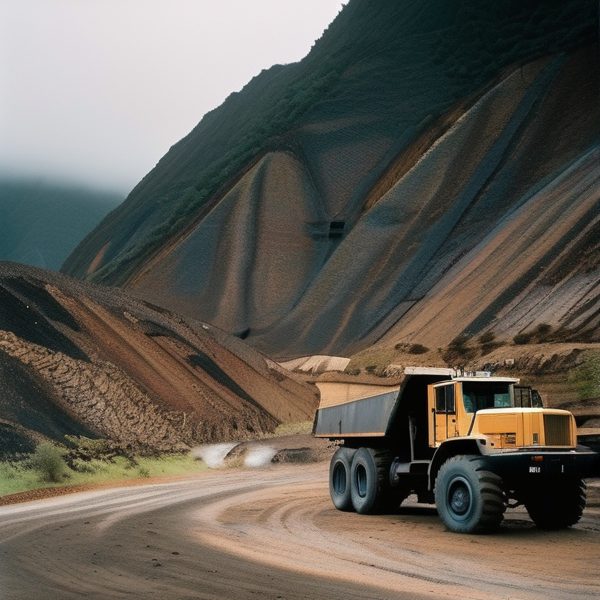 Heavy mining truck driving through rugged mountain landscape in Fiji.
