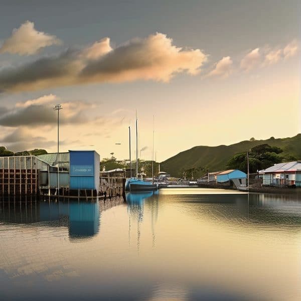 Fiji harbor with boats and calm waters during sunset, scenic view of the coastline and lush green hi.