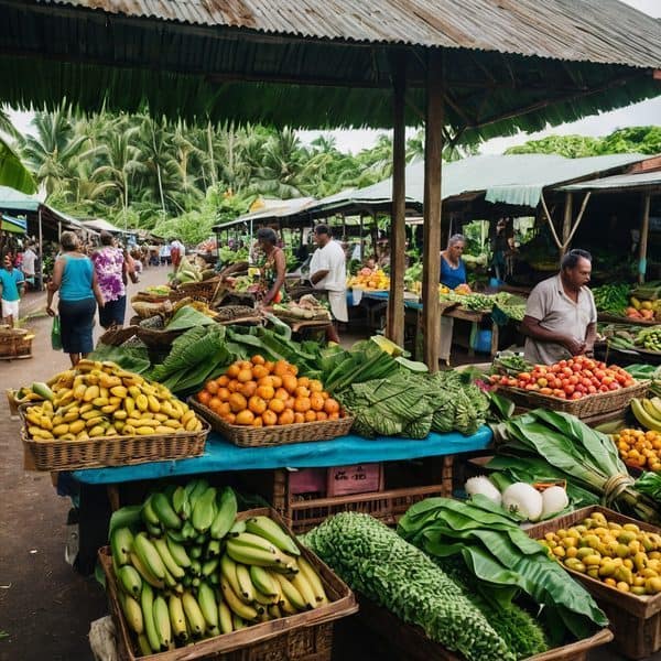Local Fiji market selling fresh tropical fruits and vegetables outdoors.